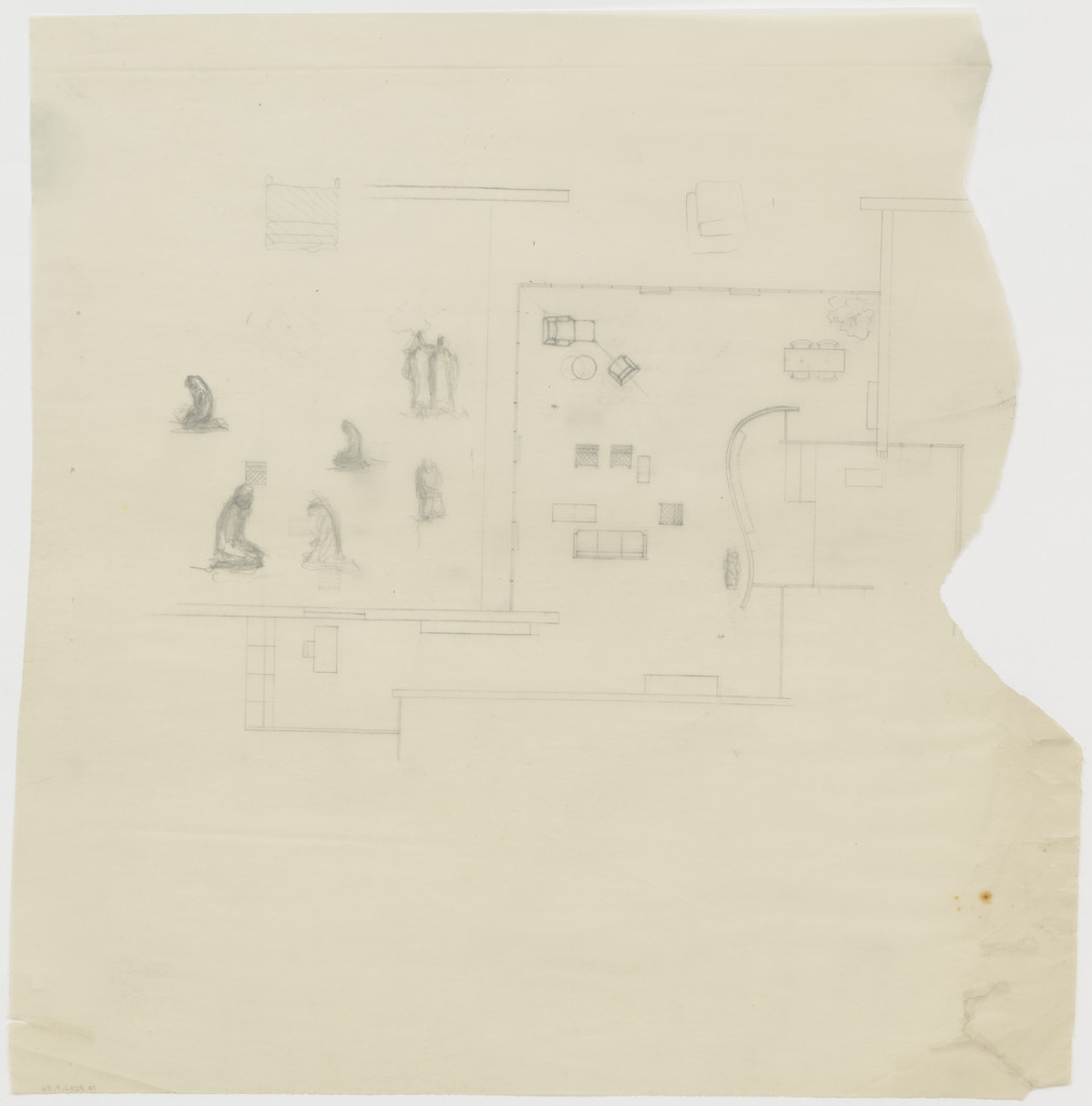 Ulrich Lange House Project II, Krefeld, Germany, Plan with furniture layout and sculpture sketches