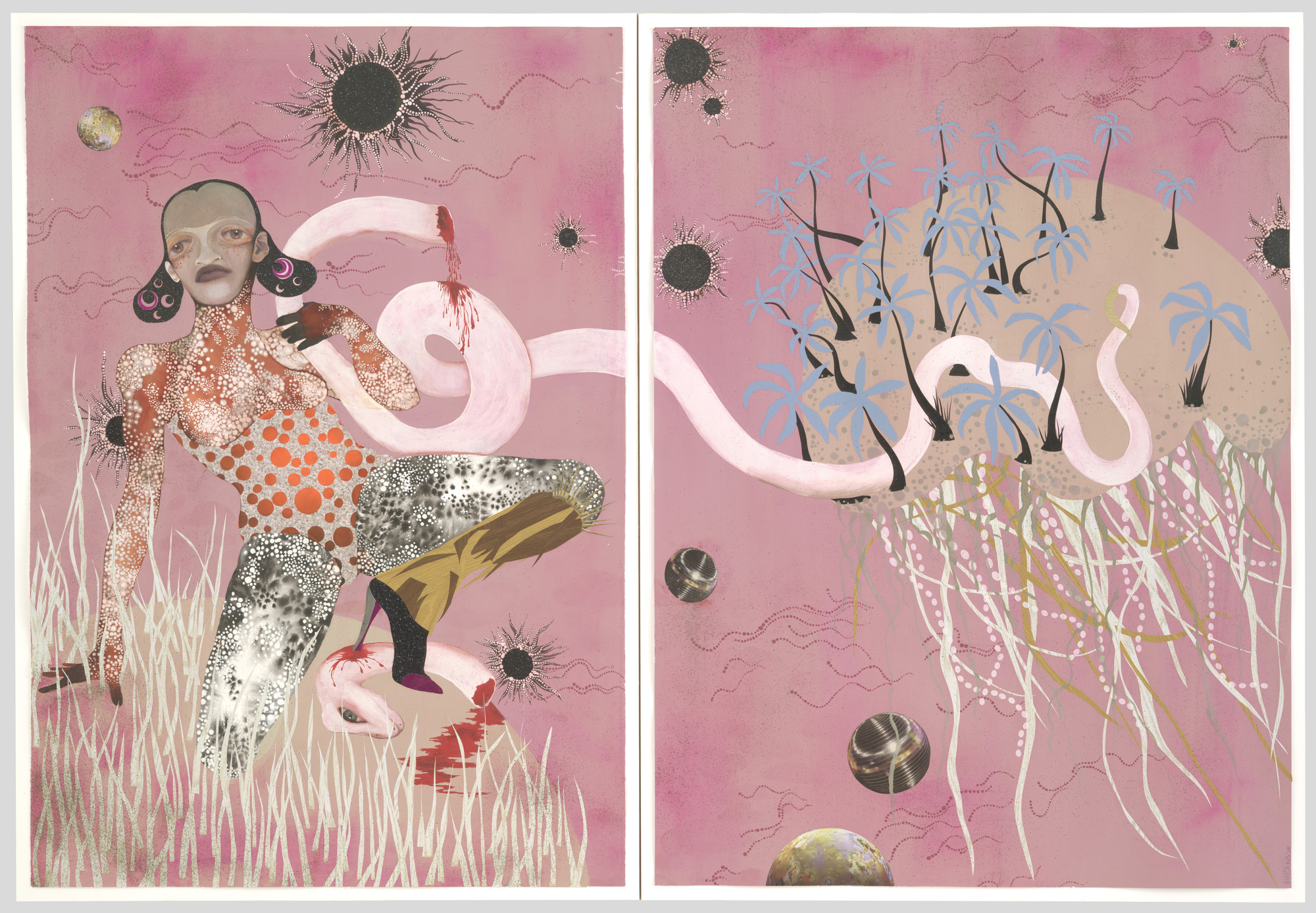 A humanoid figure with a detailed, colorful body kneels on grass amidst a pink background with various black and round shapes. A winding, pale form extends from the figure, leading to blue palm-like trees on the right panel. This is an AI generated description. To give feedback, email ai@moma.org.