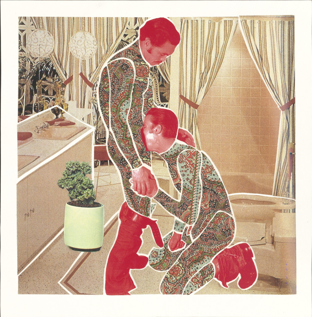 Deep Breath in White Bathroom with Orange Lighting and Red Falling Jean Pants