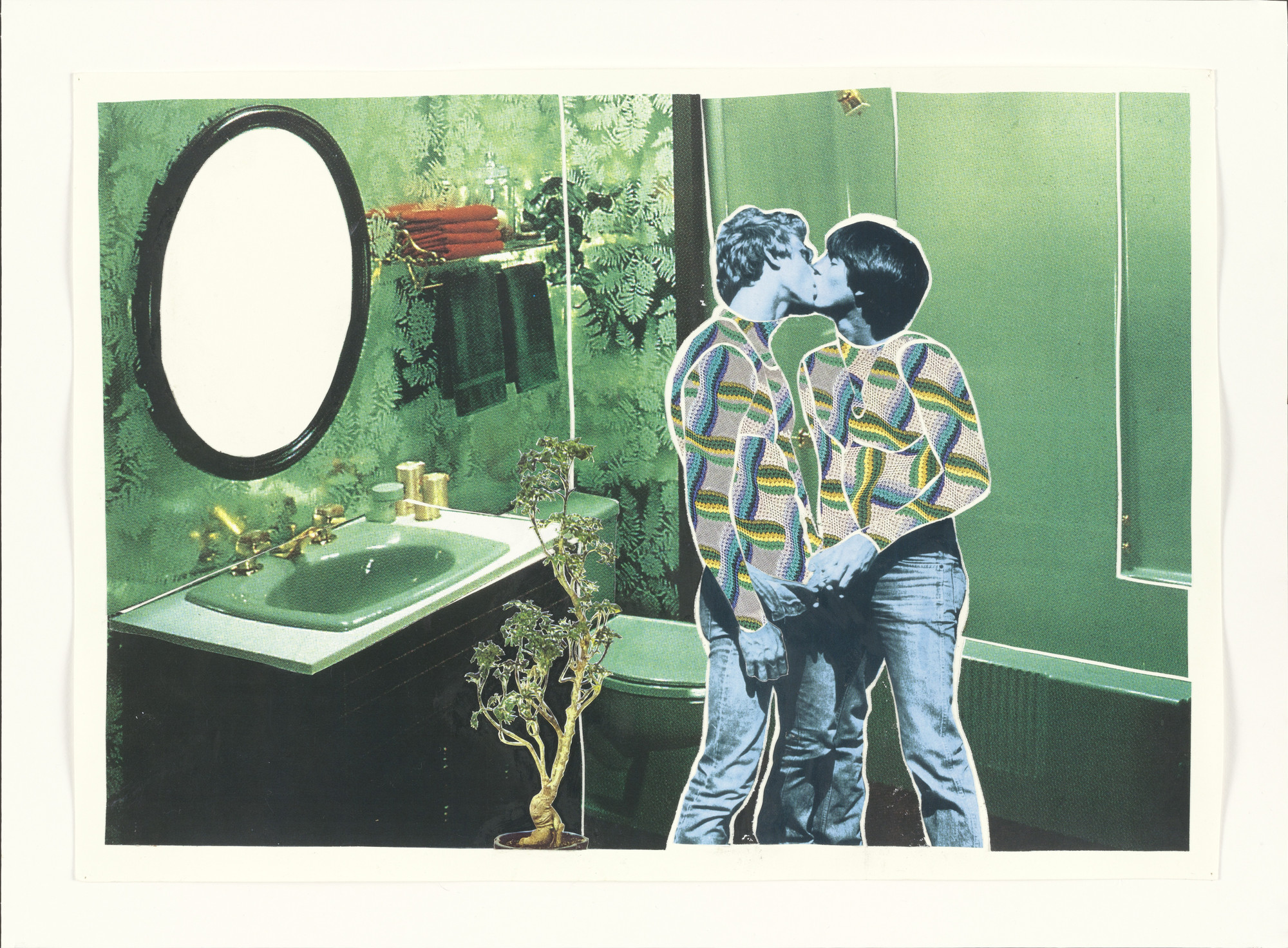 Christian Holstad. Kissing Couple in Jean Pants and Green Bathroom