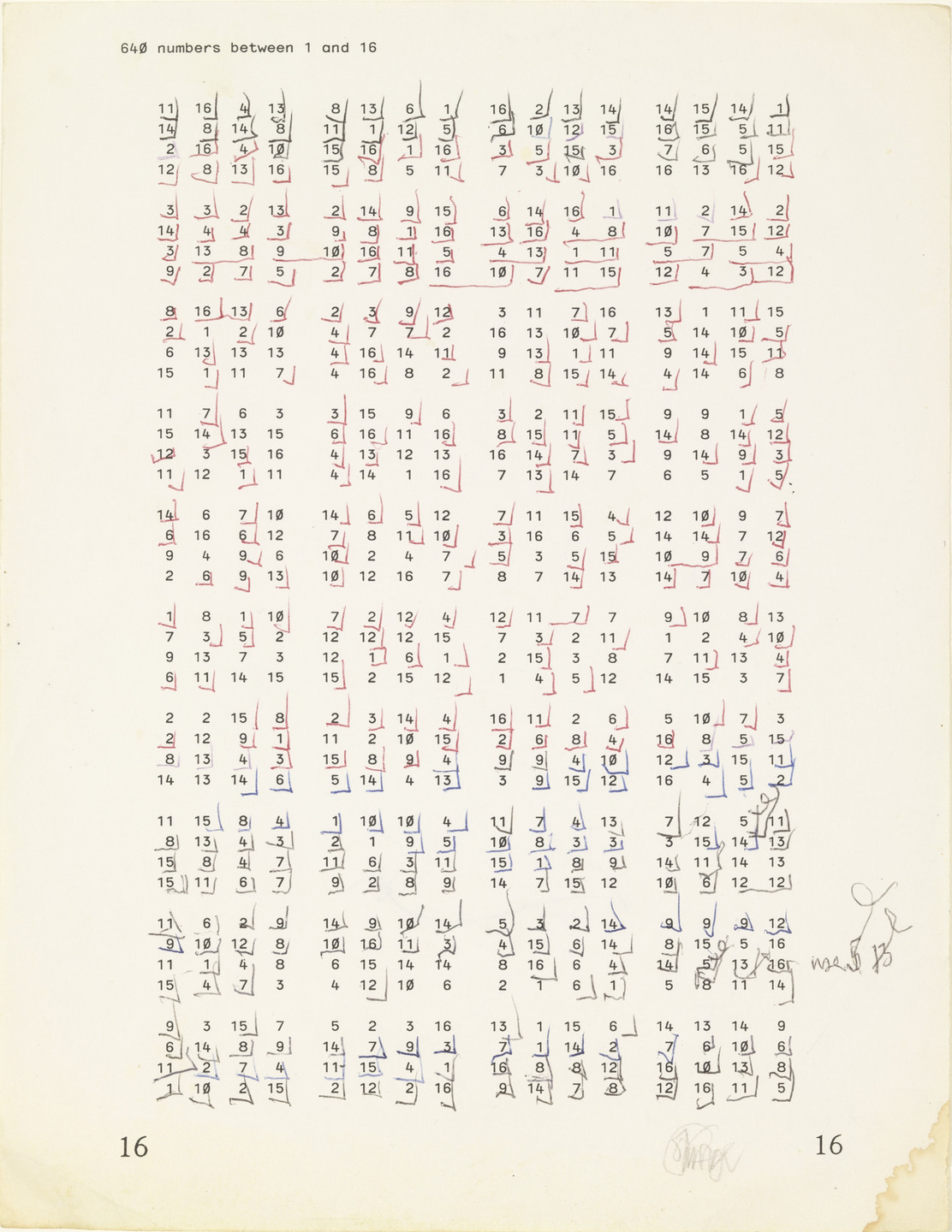 John Cage. Untitled (640 numbers between 1 and 16). 1969