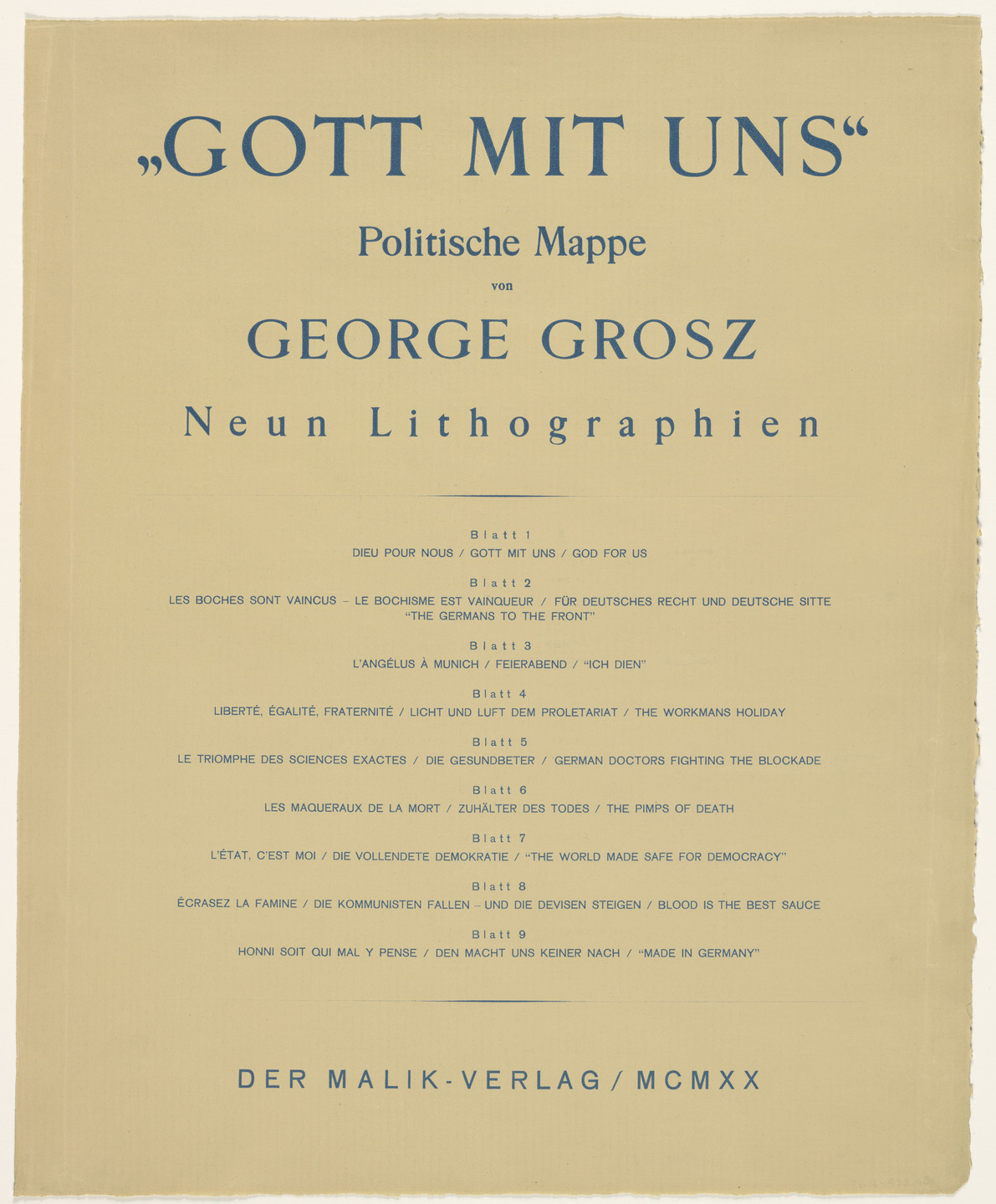 George Grosz. Table of contents from the portfolio Got mit uns (God with Us). 1920