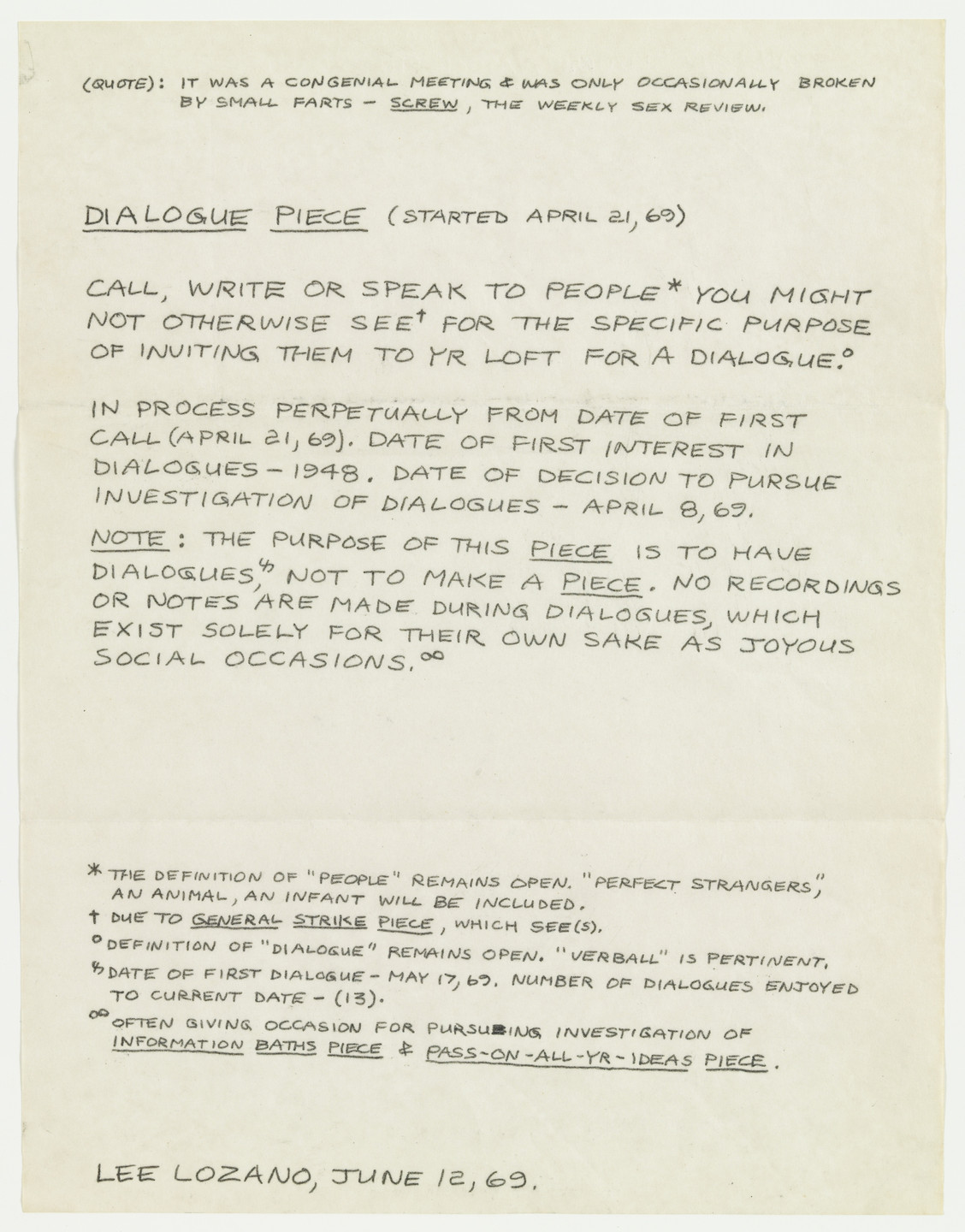 A handwritten note in black ink on off-white paper describes a series of dialogues starting from April 21, 1969. It includes details about purpose, process, and references to other pieces and dates, concluding with &#34;Lee Lozano, June 12, 69.&#34; This is an AI generated description. To give feedback, email ai@moma.org.