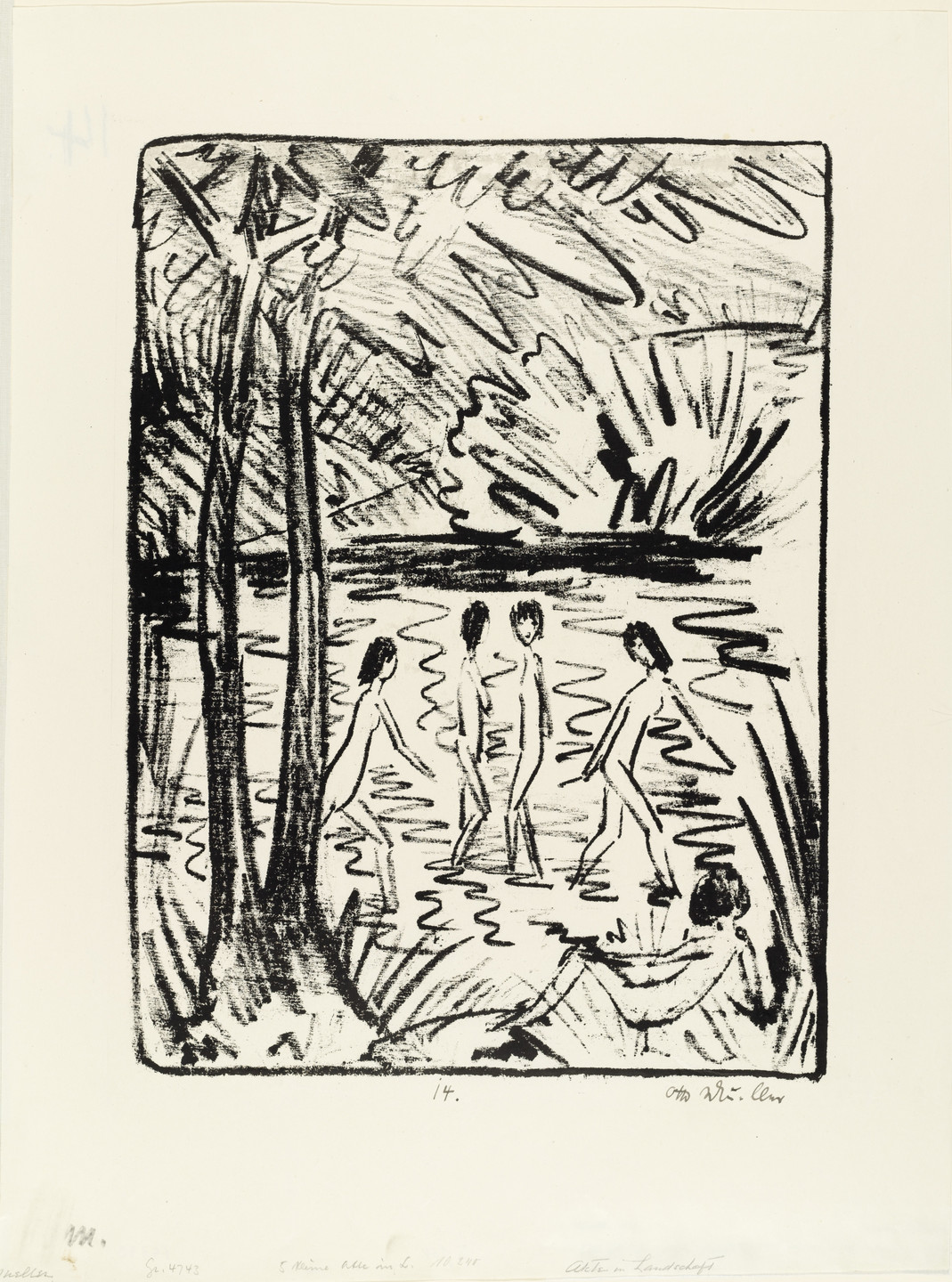 Otto Mueller. Five Girls by a Pond in the Woods (1) [Fünf Mädchen am Waldteich (2)]. (c. 1919)