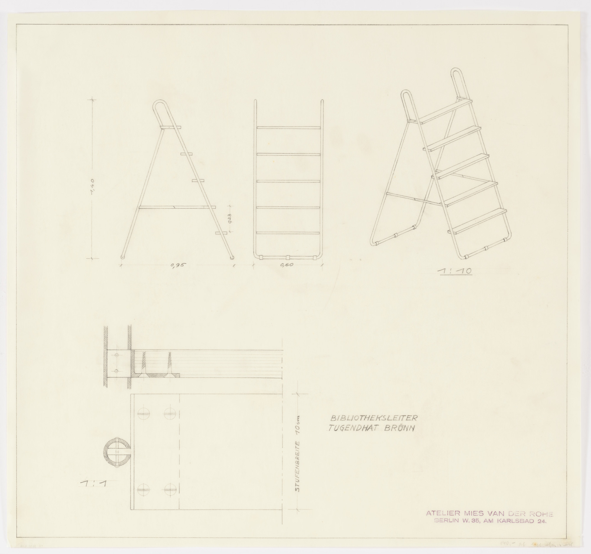 Ludwig Mies van der Rohe. Tugendhat House, Brno, Czech Republic, Library stepladder. Two elevations, perspective, section.