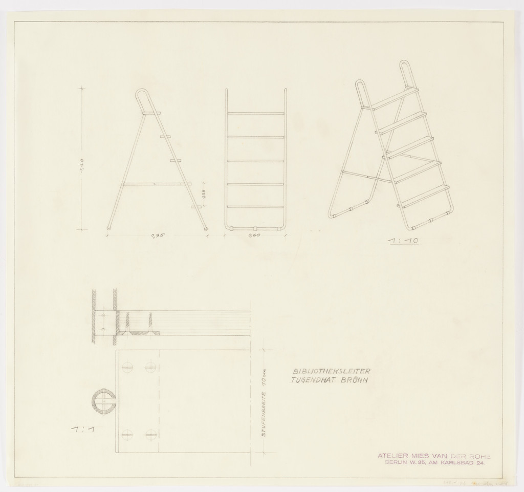Tugendhat House, Brno, Czech Republic, Library stepladder. Two elevations, perspective, section.
