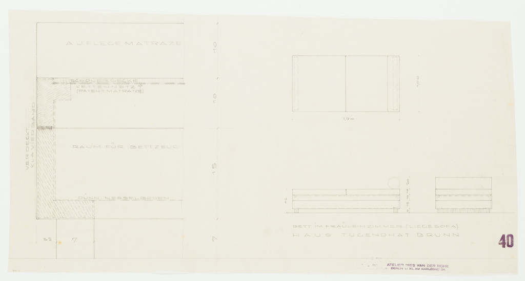 Tugendhat House, Brno, Czech Republic, Governess's bed. Plan, elevations, section.