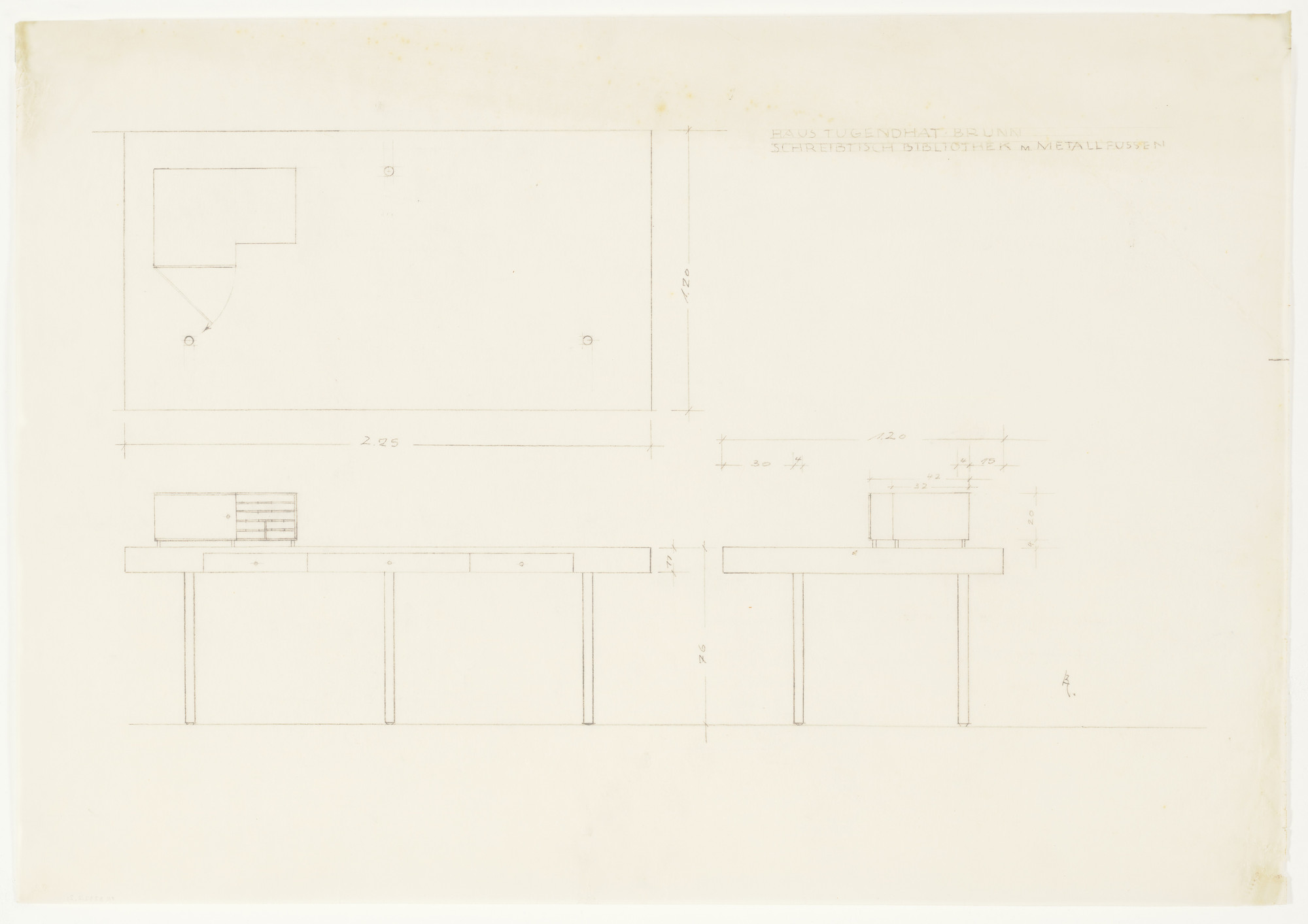 Ludwig Mies van der Rohe. Tugendhat House, Brno, Czech Republic, Library desk. Plan, two elevations.