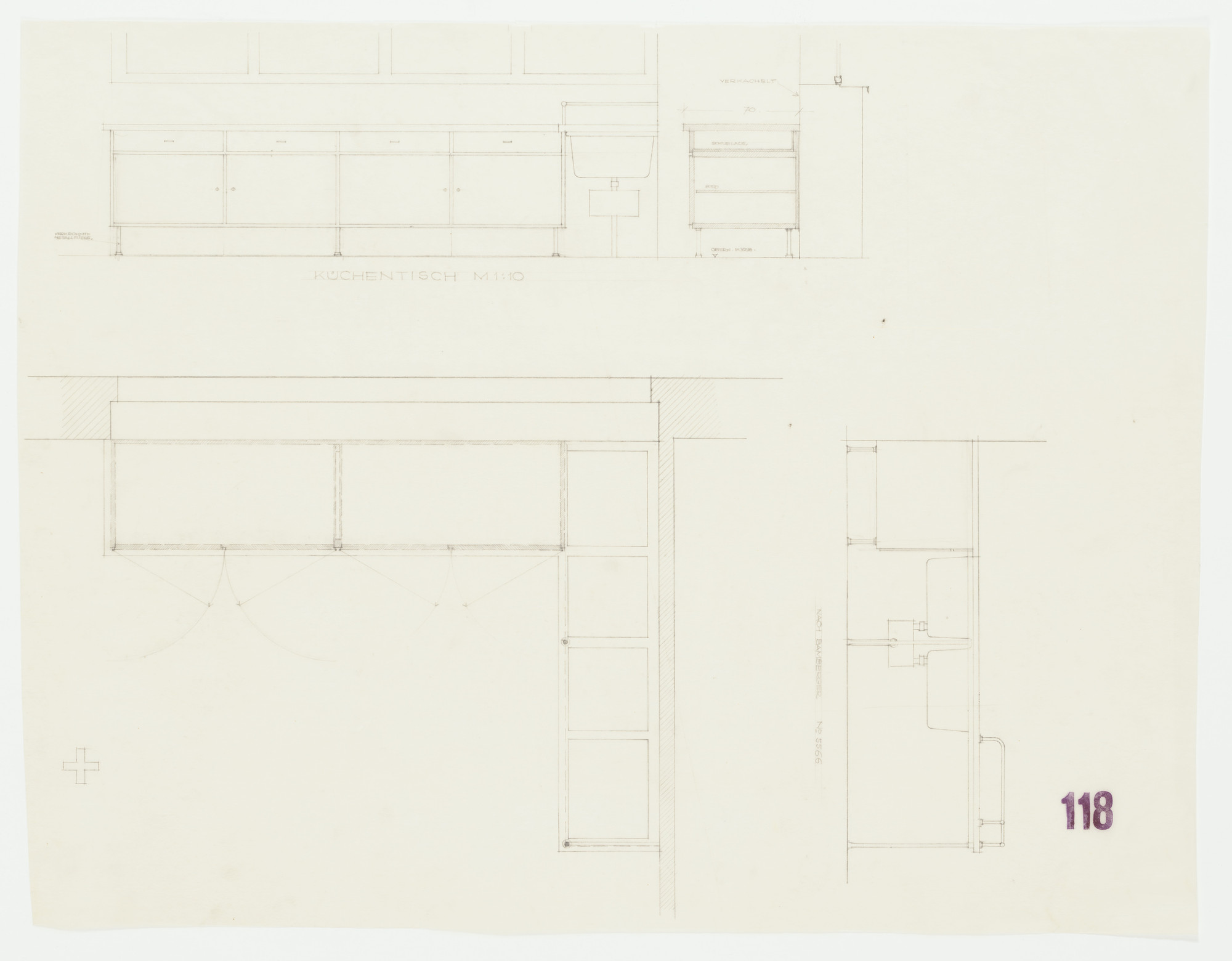 Ludwig Mies van der Rohe. Tugendhat House, Brno, Czech Republic (Kitchen counter. Two elevations, plan)