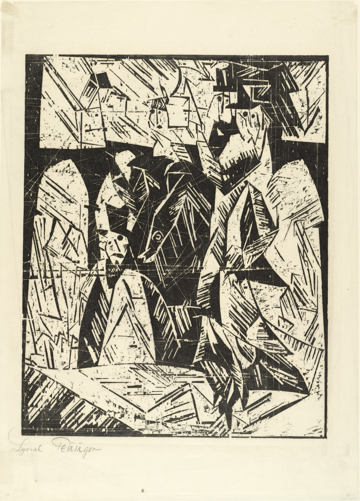 Lyonel Feininger. Promenaders (Spaziergänger) from the portfolio New European Graphics, 1st Portfolio: Masters of the State Bauhaus, Weimar , 1921 (Neue europäische Graphik, 1. Mappe: Meister des Staatlichen Bauhauses in Weimar , 1921_)_