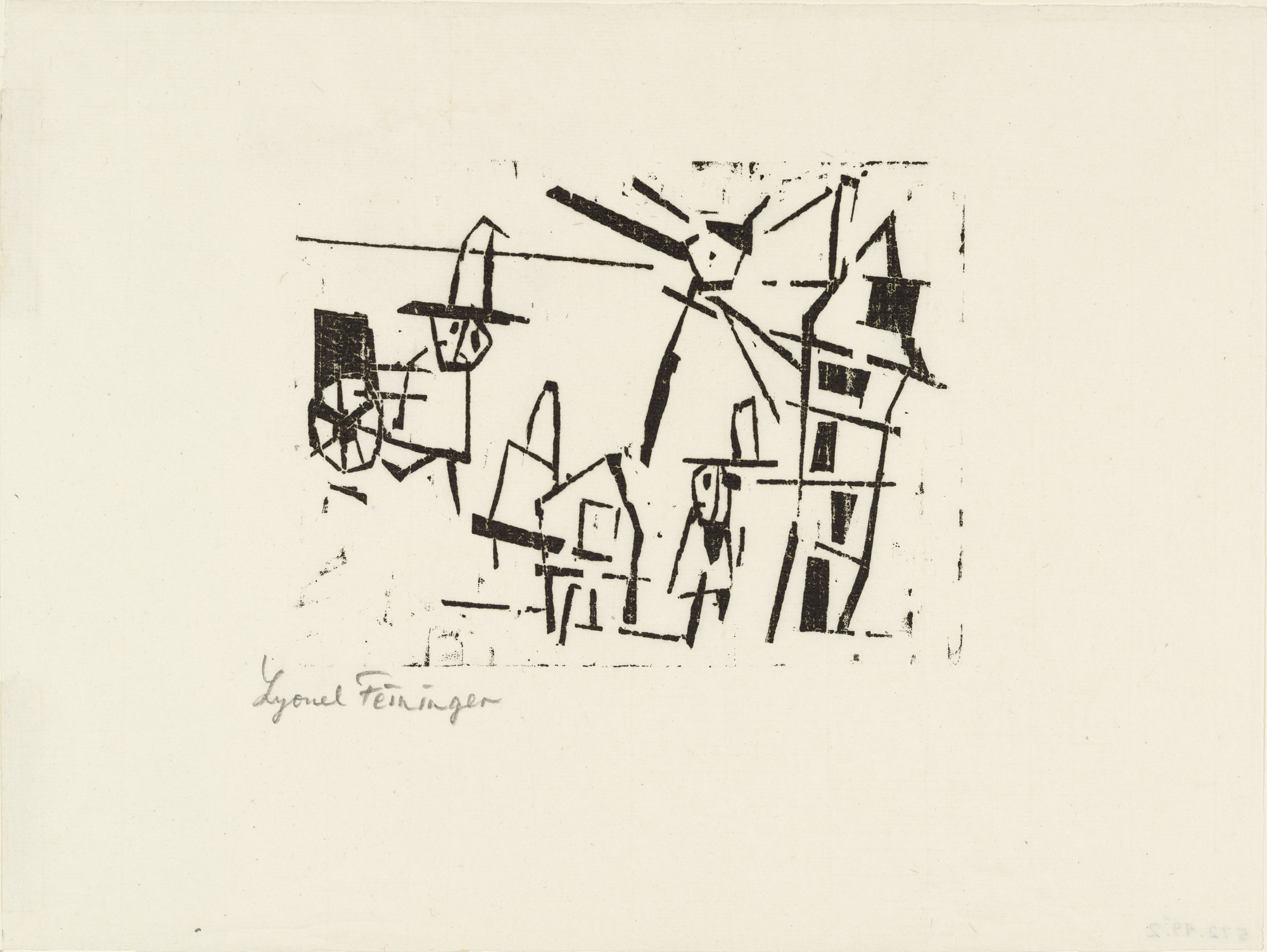 Lyonel Feininger. Men, Houses, Lantern, and Pushcart (Männer, Häuser, Laterne und Schiebkarren) from Ten Woodcuts by Lyonel Feininger