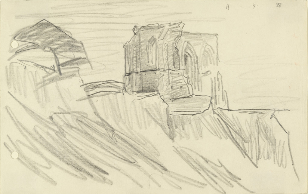 Ruins on the Cliff with Tree at Left