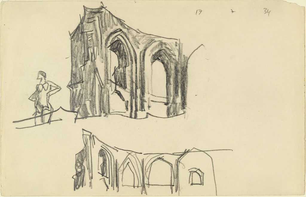 Two Compositions of Ruins, One with Figure of a Woman, Lyonel Feininger, 1934, Pencil on paper