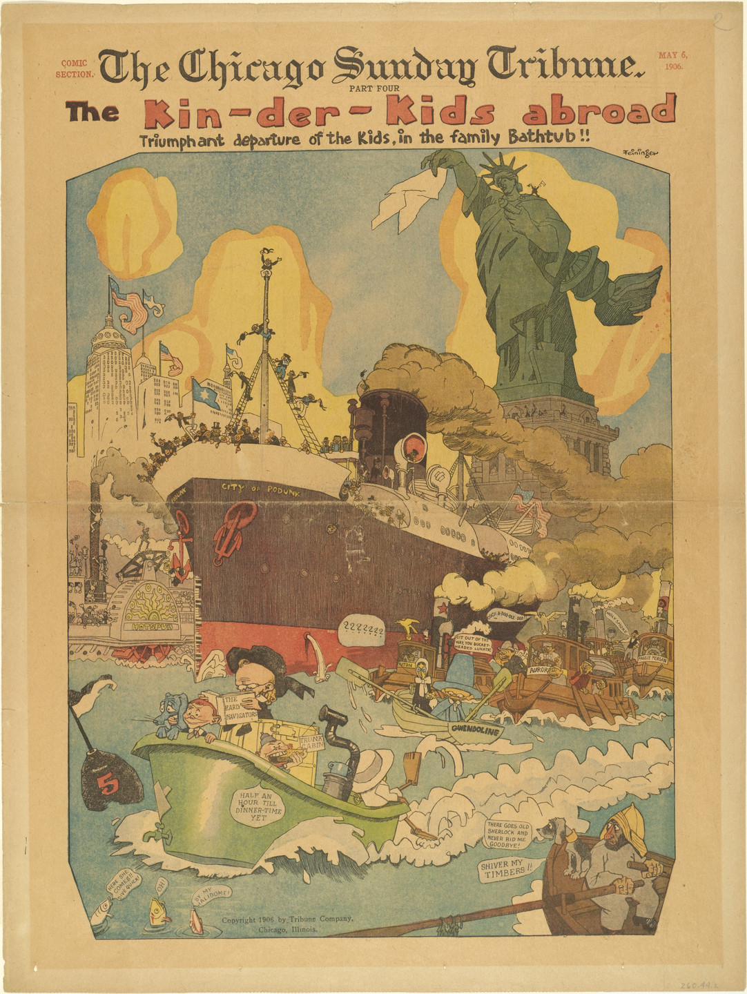 Lyonel Feininger. The Kin-der-Kids Abroad: Triumphant Departure of the Kids, in the Family Bathtub!! from The Chicago Sunday Tribune. May 6, 1906