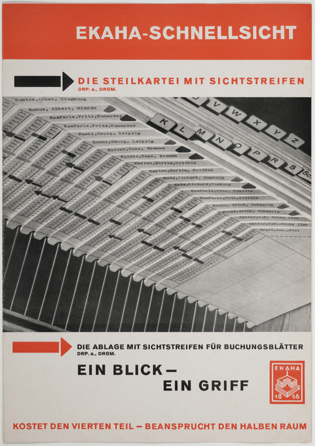 Friedrich Vordemberge-Gildewart. Ekaha-Schnellsicht, Die Steilkartei mit Sichtstreifen, Ein Blick-Ein Griff. c. 1931