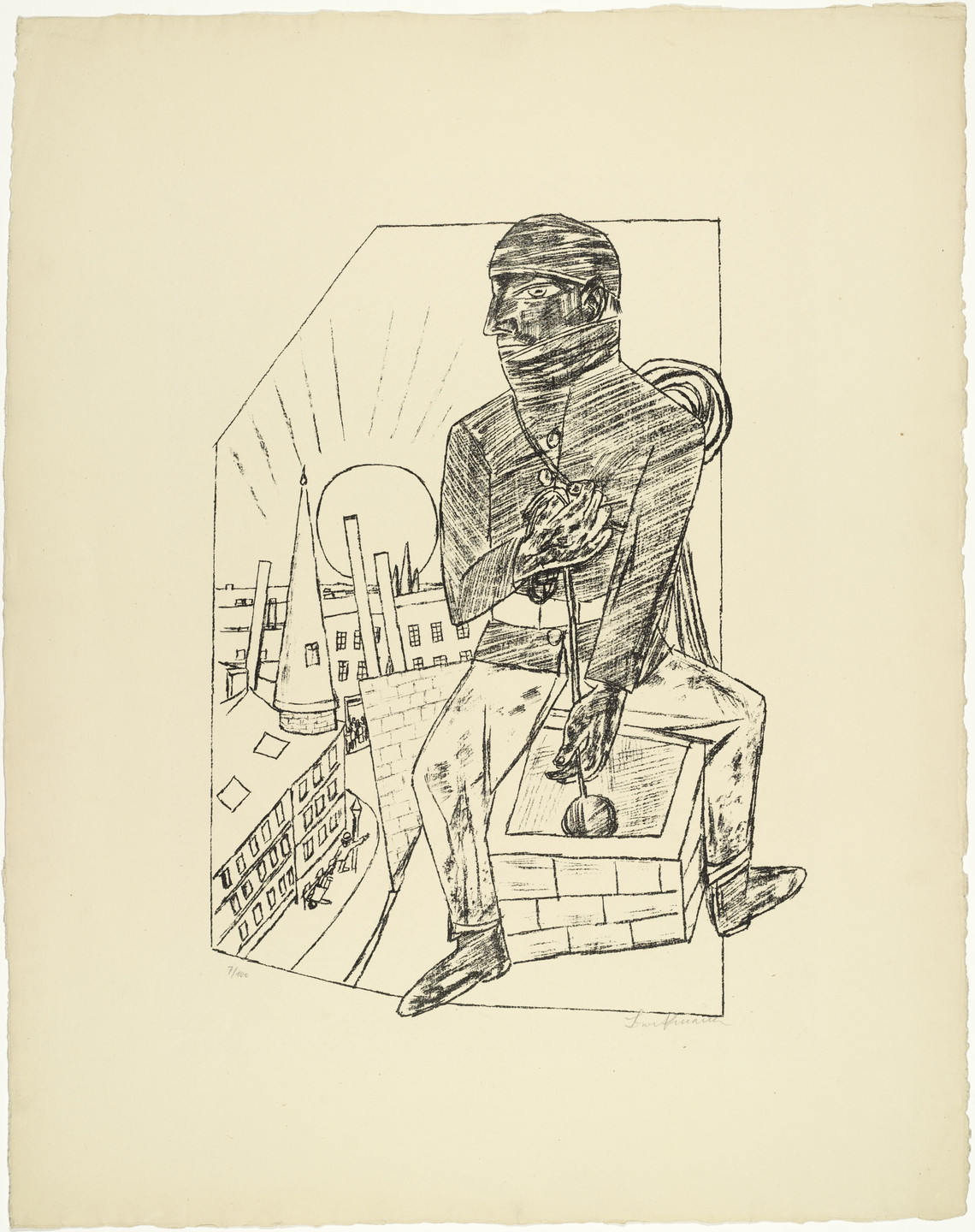 A person is depicted sitting on a brick structure, holding a cane in one hand. In the background, there are buildings with various geometric shapes and lines, all in black on a cream-colored backdrop. This is an AI generated description. To give feedback, email ai@moma.org.