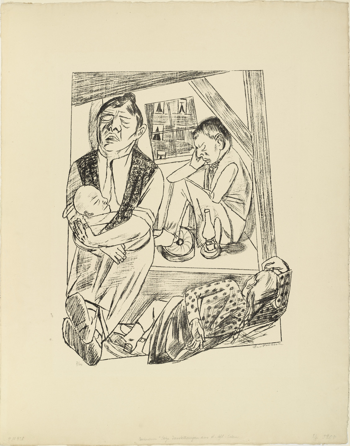 A black and white drawing shows three people and a baby sitting or lying under a slanted ceiling. One person cradles an infant, another sits with their head on their hand, and the third reclines. This is an AI generated description. To give feedback, email ai@moma.org.