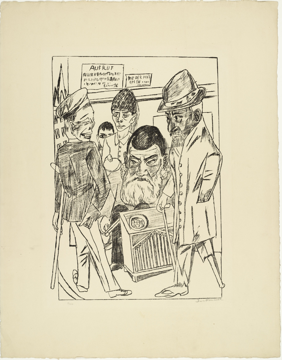 This is a black and white illustration of several people standing and interacting around a man with a beard in front of a small mechanical device. The background includes partially visible text and a building or structure. This is an AI generated description. To give feedback, email ai@moma.org.