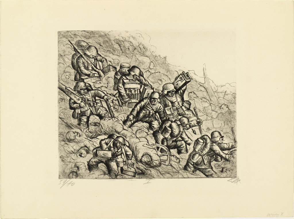 Machine-Gun Squad Advances (Somme, November 1916) [Maschinengewehrzug geht vor (Somme, November 1916)] from The War (Der Krieg), Otto Dix, (1924)