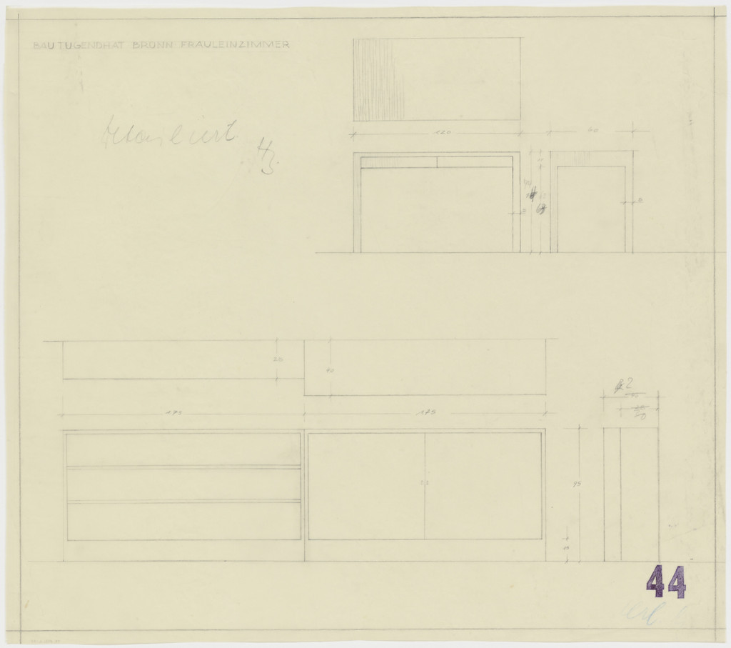 Tugendhat House, Brno, Czech Republic (Governess's room. Table and chest. Front and side elevations.)