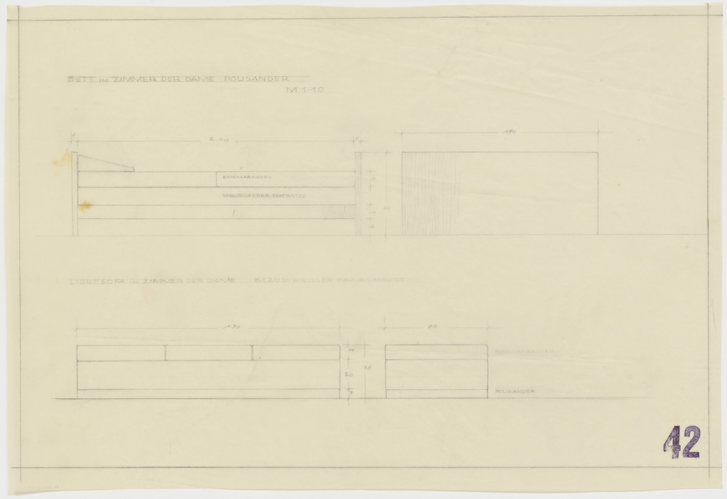 Tugendhat House, Brno, Czech Republic, Sofa and bed in lady's room. Elevations.