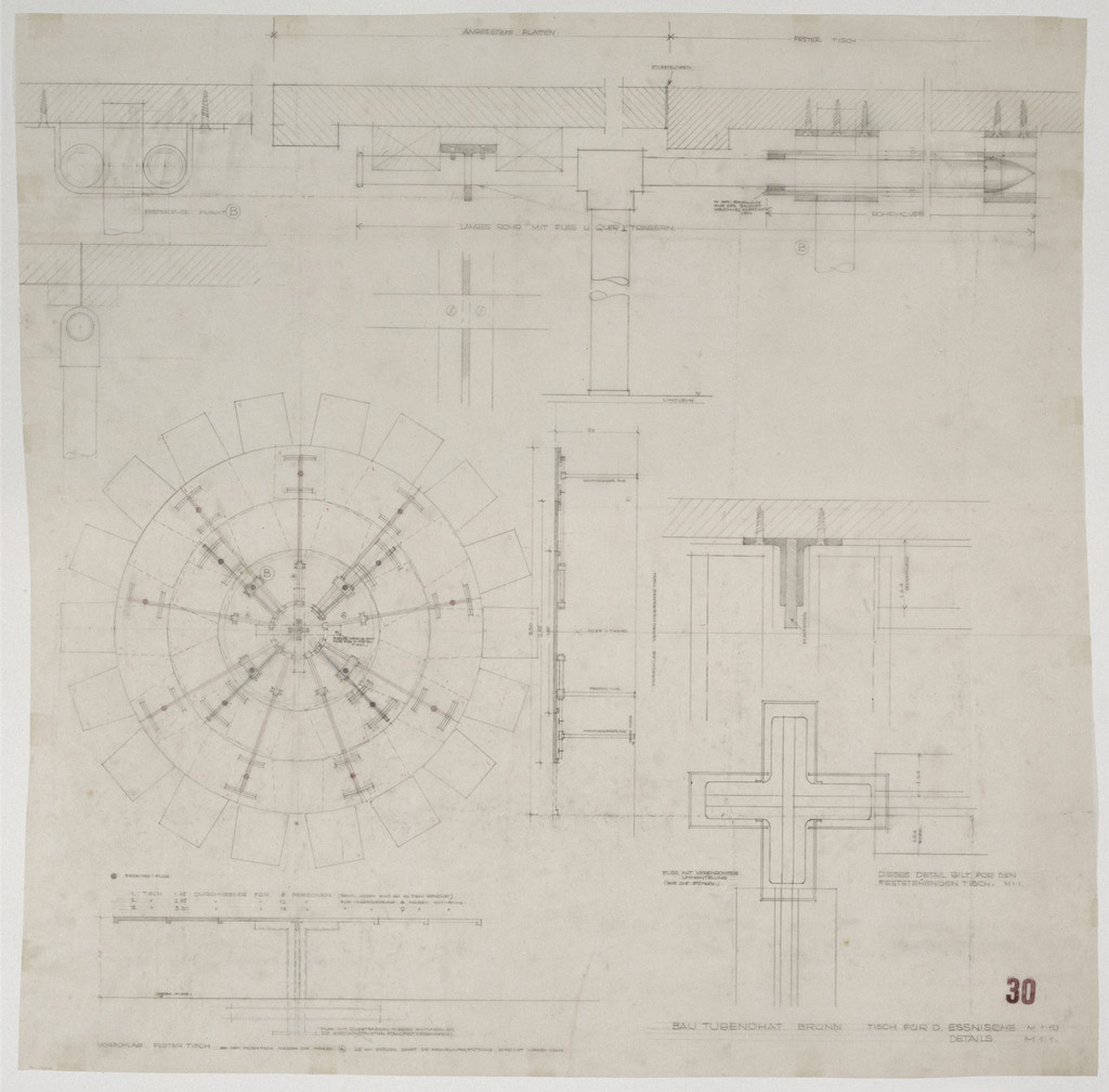 Tugendhat House, Brno, Czech Republic, Table in dining recess. Sections, elevation, plan.