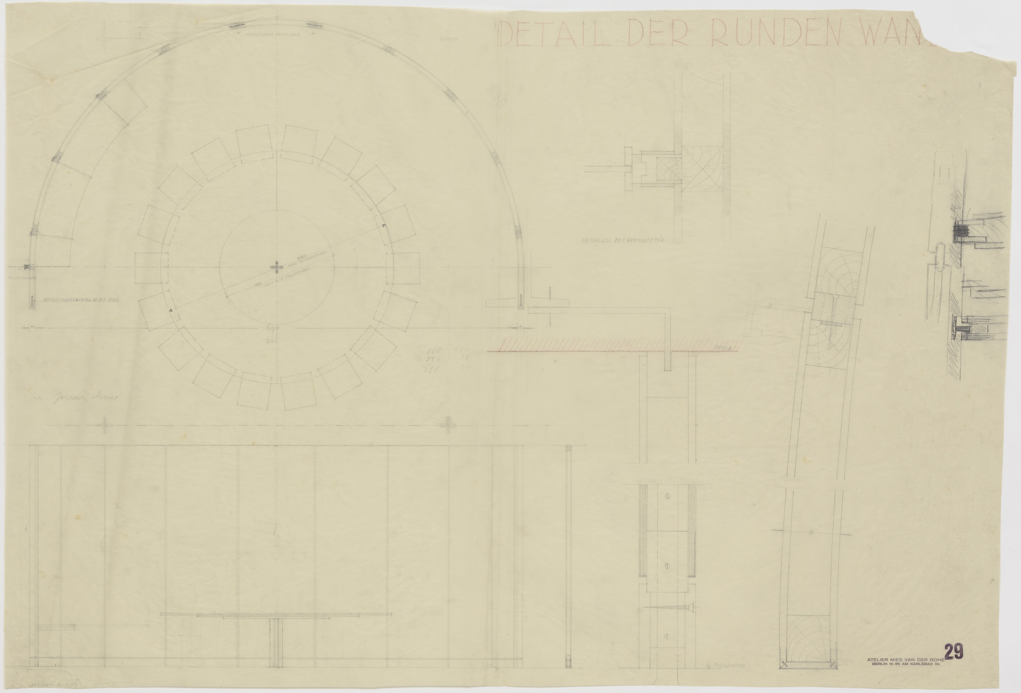 Ludwig Mies van der Rohe. Tugendhat House, Brno, Czech Republic, Semicircular wall details. Plan, sections, elevation.