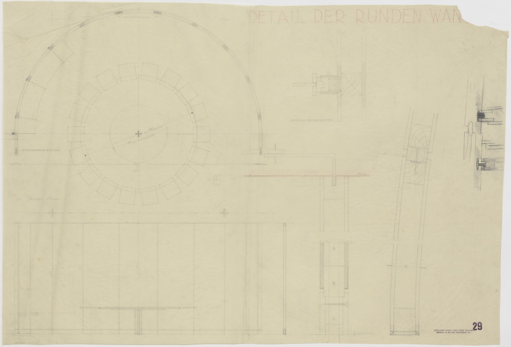 Tugendhat House, Brno, Czech Republic, Semicircular wall details. Plan, sections, elevation.