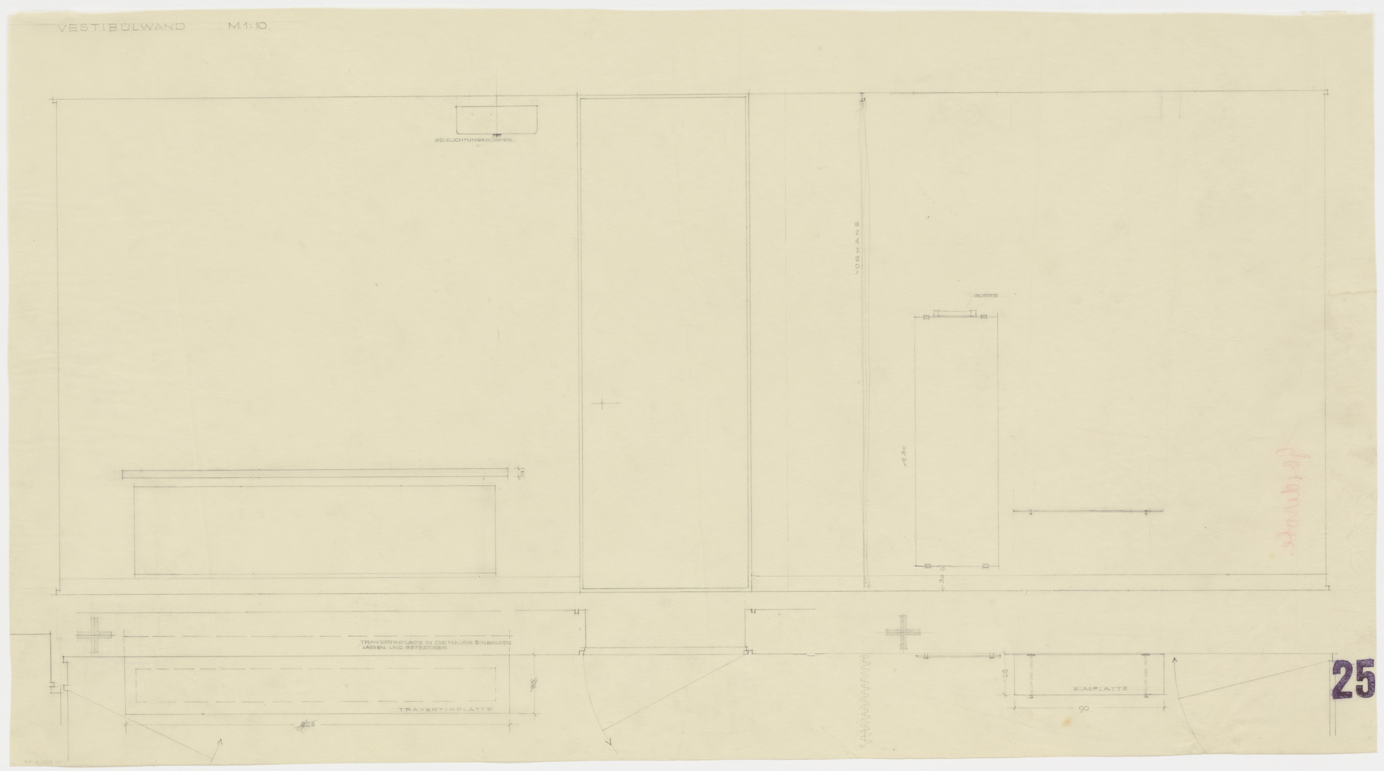 Ludwig Mies van der Rohe. Tugendhat House, Brno, Czech Republic, Vestibule wall. Plan, elevation.