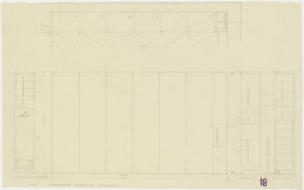 Tugendhat House, Brno, Czech Republic, Lady's bedroom. Cabinet wall. Elevation, plan, sections.