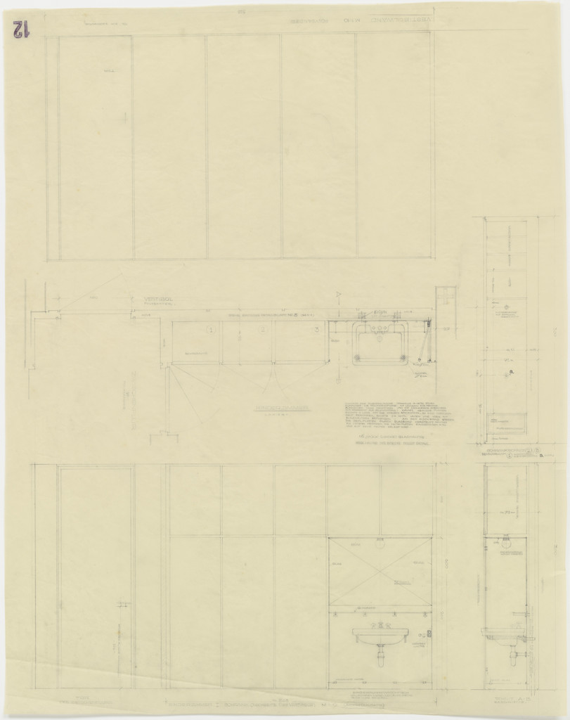Tugendhat House, Brno, Czech Republic, Storage wall with built-in sink between children's room and vestibule. Plan, elevations, sections.