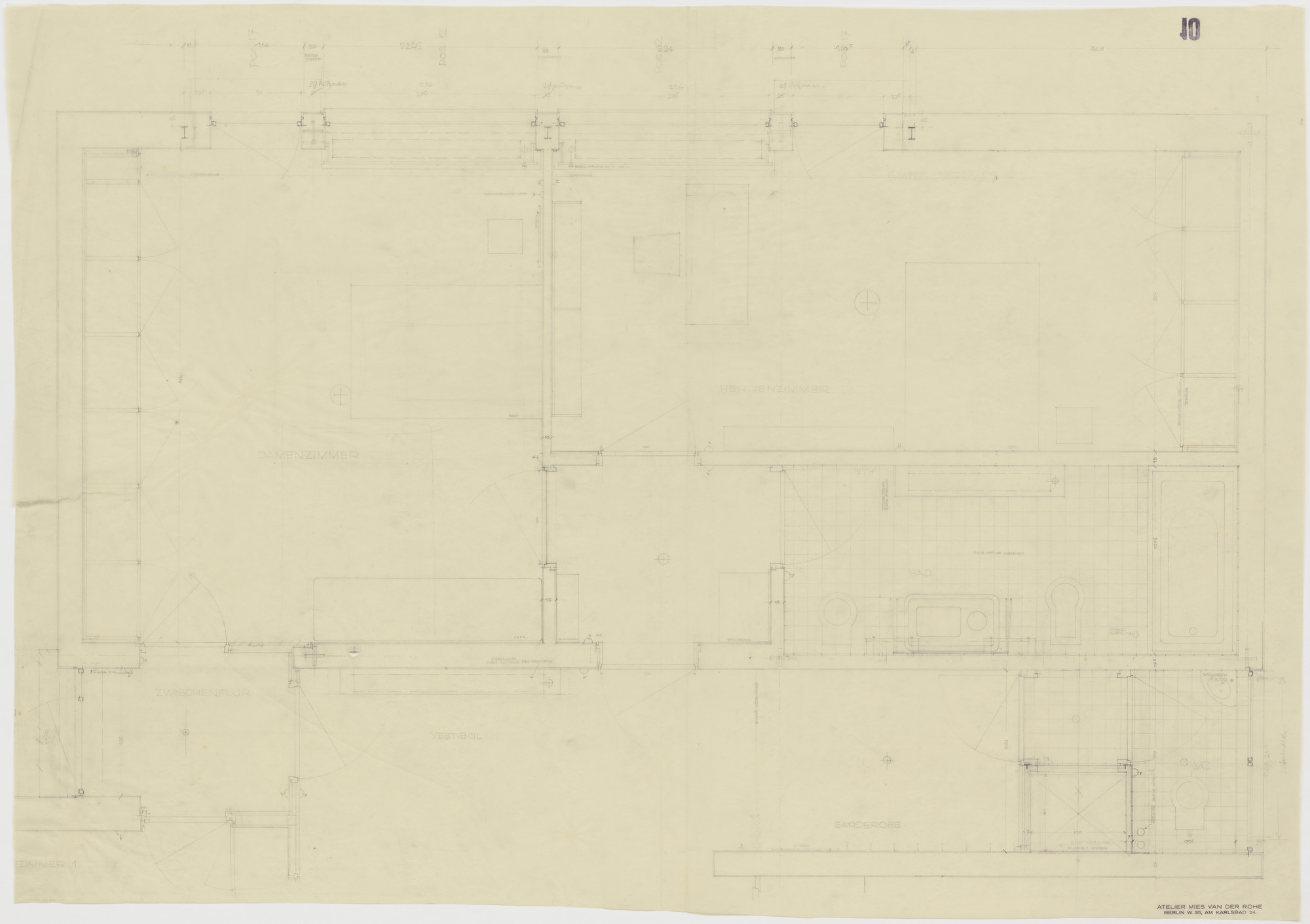 Ludwig Mies van der Rohe. Tugendhat House, Brno, Czech Republic, Master bedroom, lady's bedroom, two bathrooms. Plan.