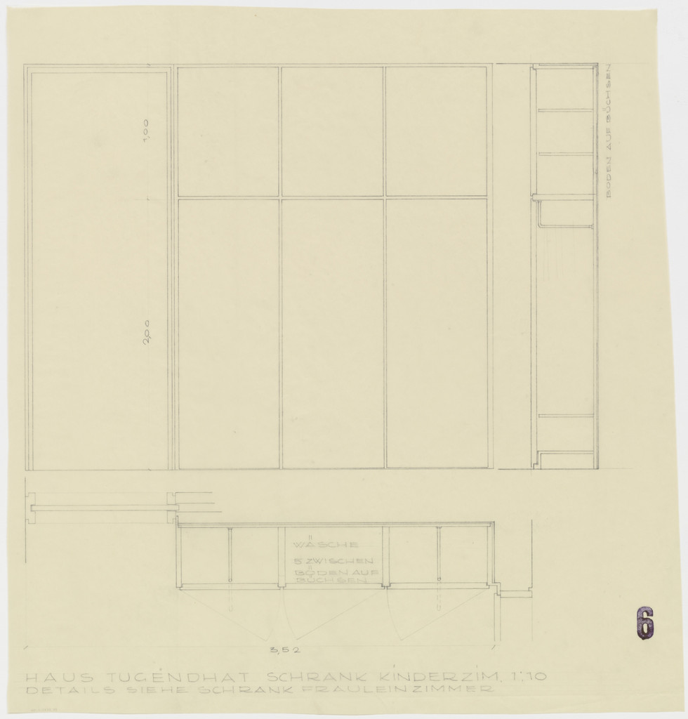 Tugendhat House, Brno, Czech Republic, Children's room closet. Plan, section, elevation.