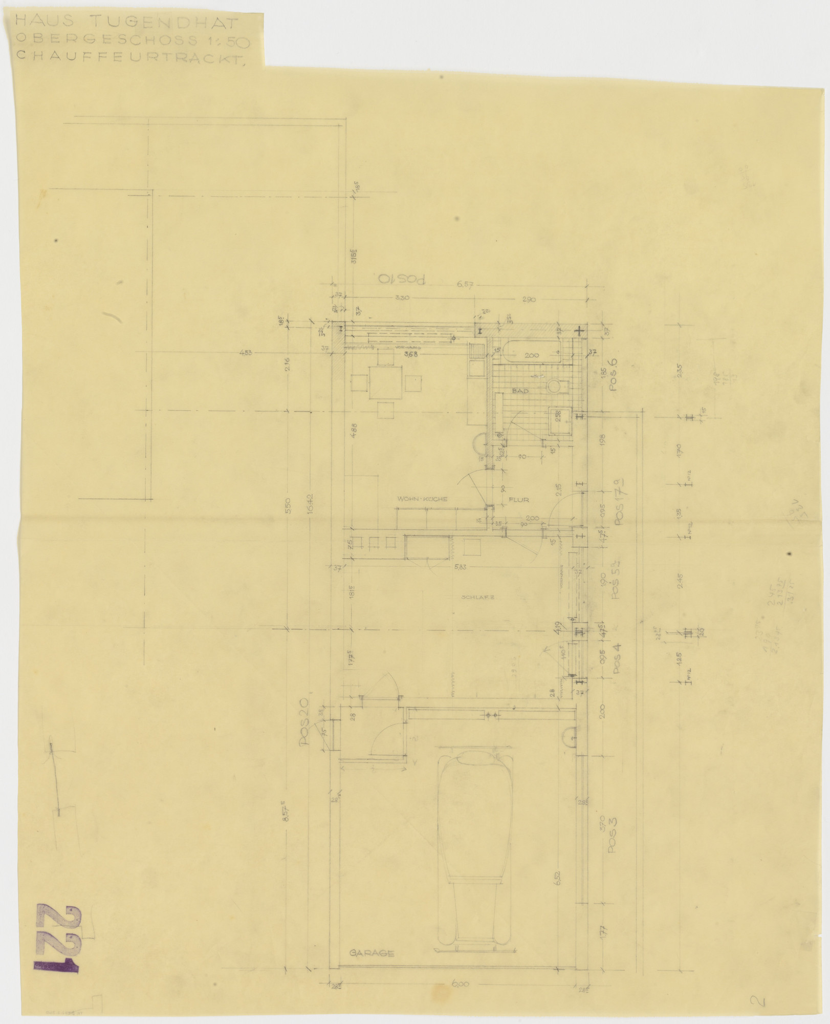 Ludwig Mies van der Rohe. Tugendhat House, Brno, Czech Republic (Upper floor, Chauffeur's wing. Wall dimensions. Plan.)