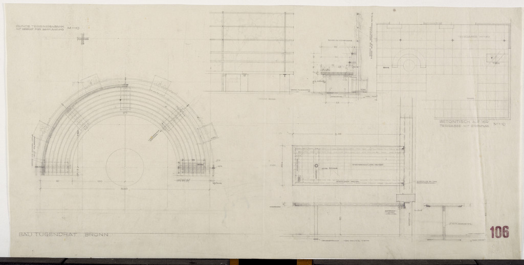 Tugendhat House, Brno, Czech Republic, (Semicircular terrace bench with framework for planters. Circular terrace table made of concrete. Plans, sections.)