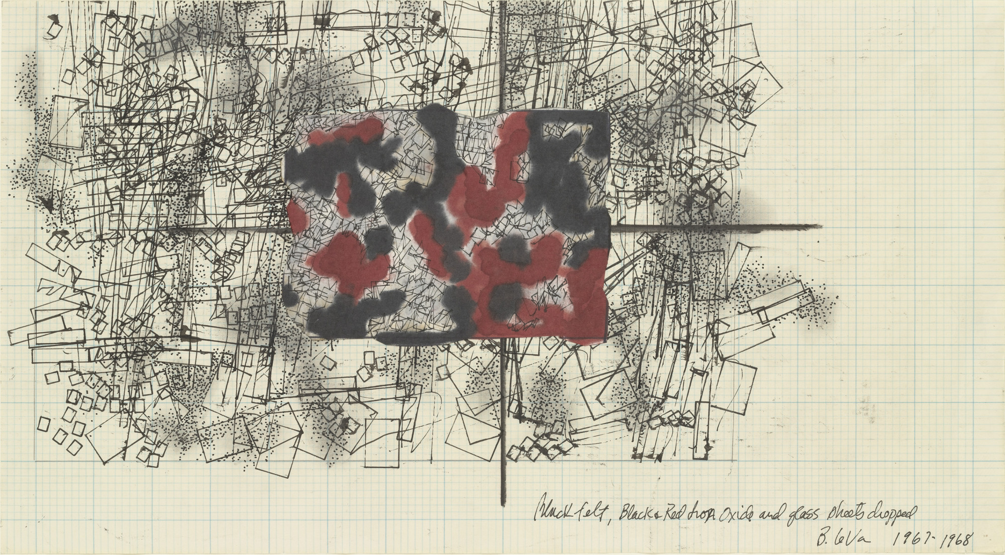 Barry Le Va. Blackfelt, Black and Red Iron Oxide and Glass Sheets Dropped. 1967-68