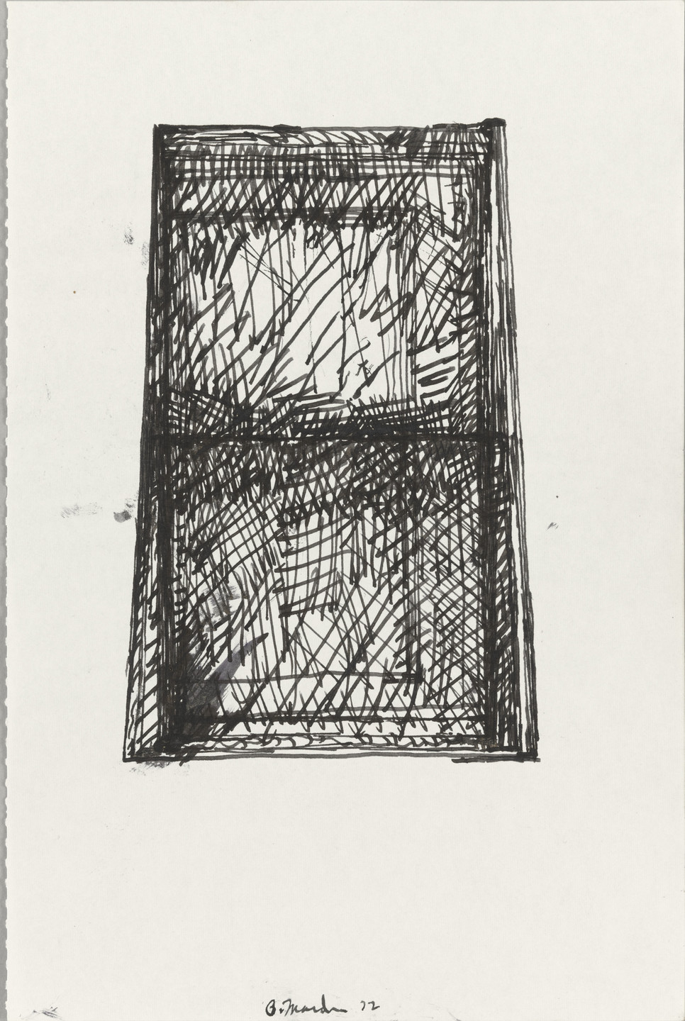 The image depicts a black ink drawing consisting of an irregularly shaped rectangle filled with intersecting and overlapping lines. The background is plain white, providing contrast to the black lines. This is an AI generated description. To give feedback, email ai@moma.org.