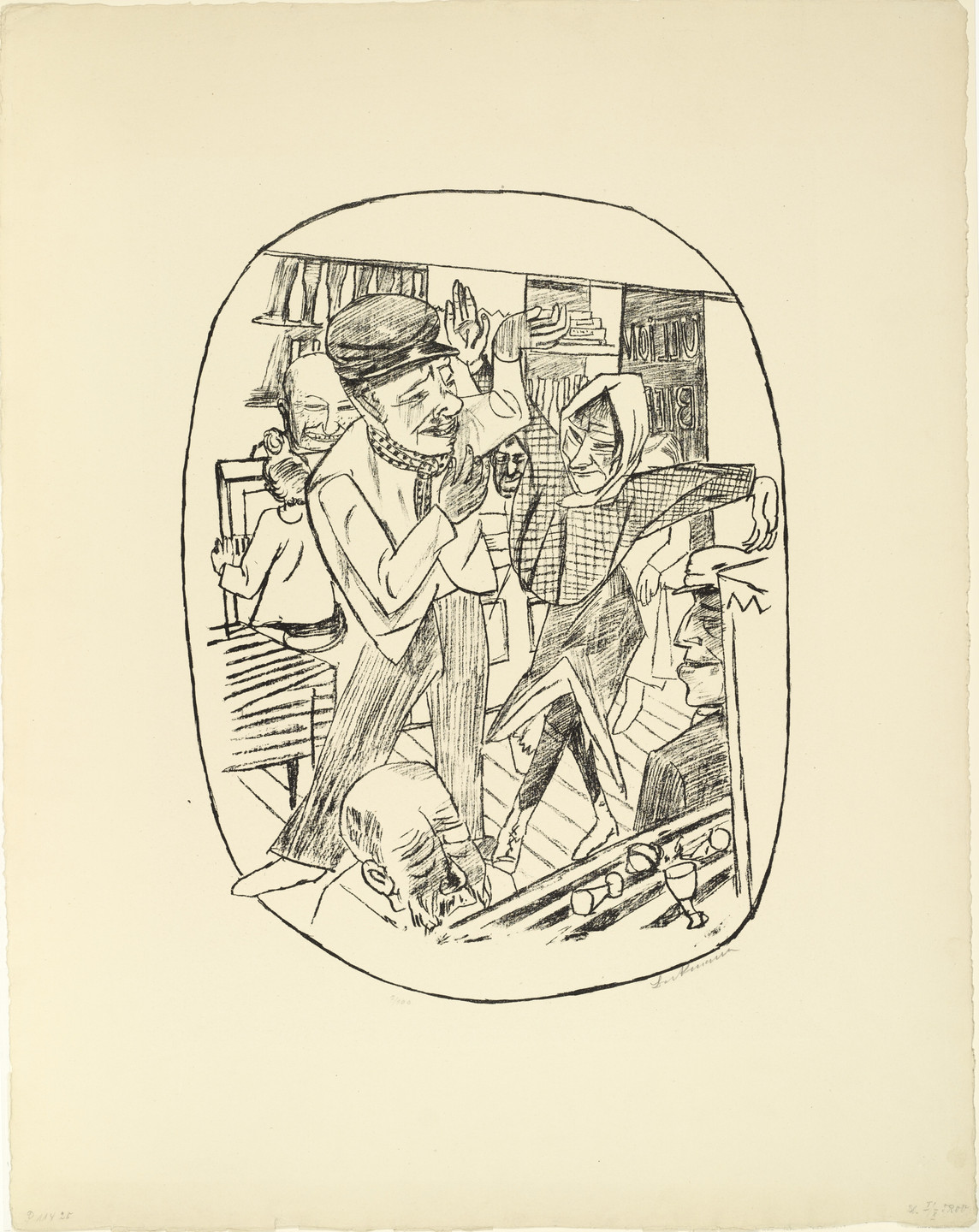 The image features a drawing in black ink on an off-white background depicting multiple people interacting in a room. The scene includes figures in the foreground and additional individuals and objects in the background, including hats on a shelf. This is an AI generated description. To give feedback, email ai@moma.org.