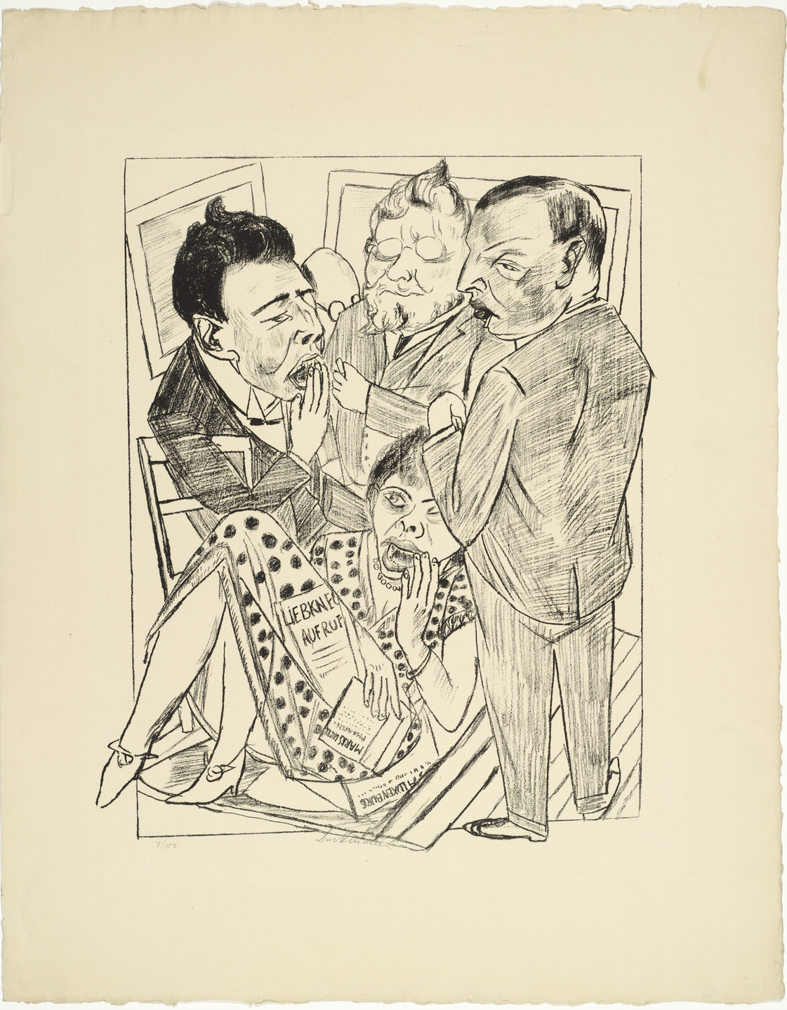 A black and white drawing features four people. One person in the foreground is seated, holding a book, with three standing around, engaged in animated conversation. This is an AI generated description. To give feedback, email ai@moma.org.