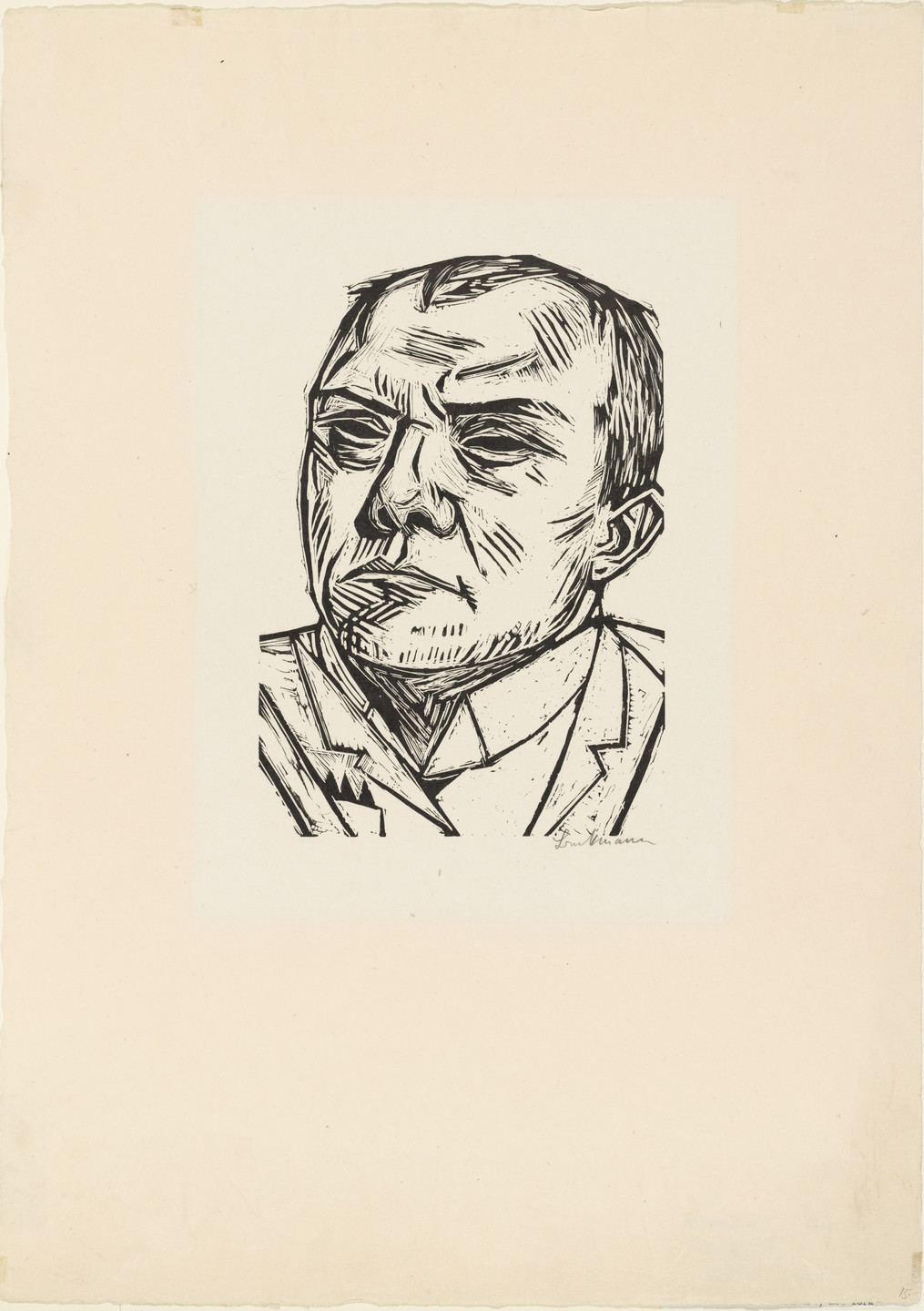 A black and white drawing depicts the head and upper torso of a person with a furrowed brow and intense expression. The figure is outlined with bold, angular lines, wearing a collared garment. This is an AI generated description. To give feedback, email ai@moma.org.