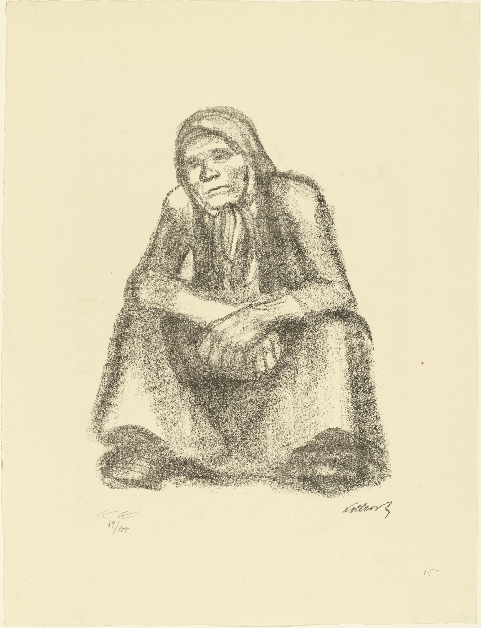 Käthe Kollwitz. Frontal Crouching Woman with Crossed Hands (Hockende Frau von vorne mit übereinander gelegten Händen) from the portfolio Seventeen Lithographs (Siebzehn Steinzeichnungen)