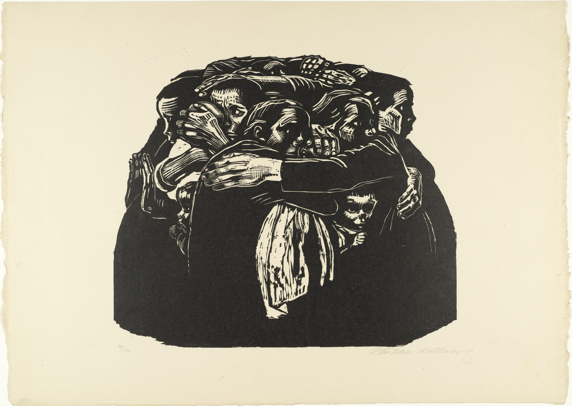 A group of people standing close together in an embrace, with their arms intertwined, is depicted in black and white. Their facial expressions are serious, and there is minimal background detail. This is an AI generated description. To give feedback, email ai@moma.org.