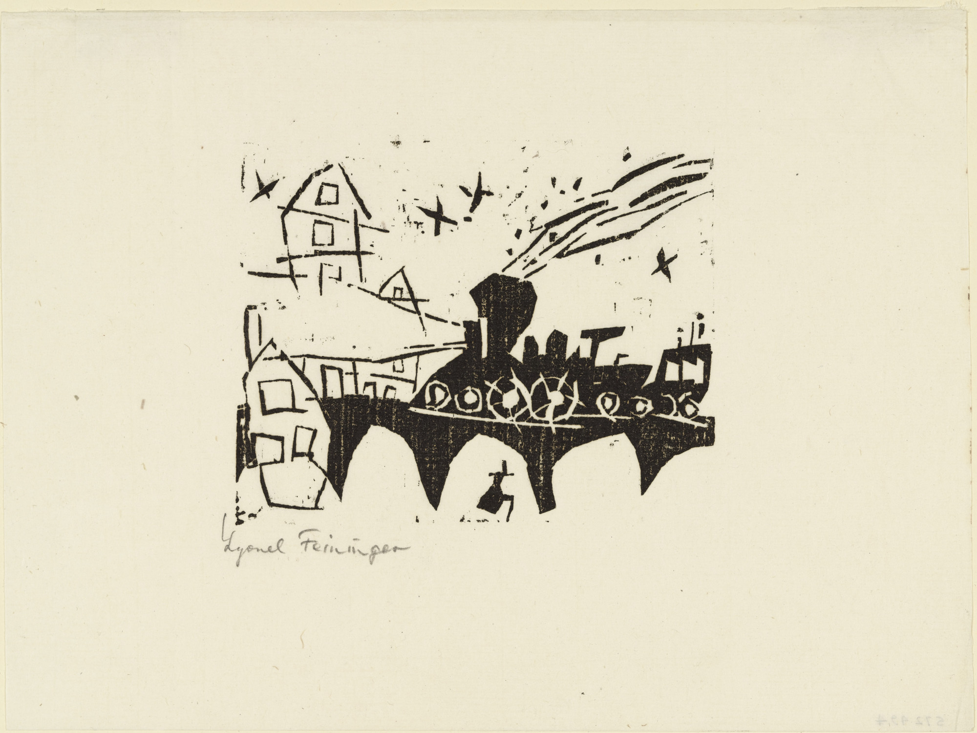 Lyonel Feininger. Locomotive on the Bridge (Zug auf der Brücke) from Ten Woodcuts by Lyonel Feininger