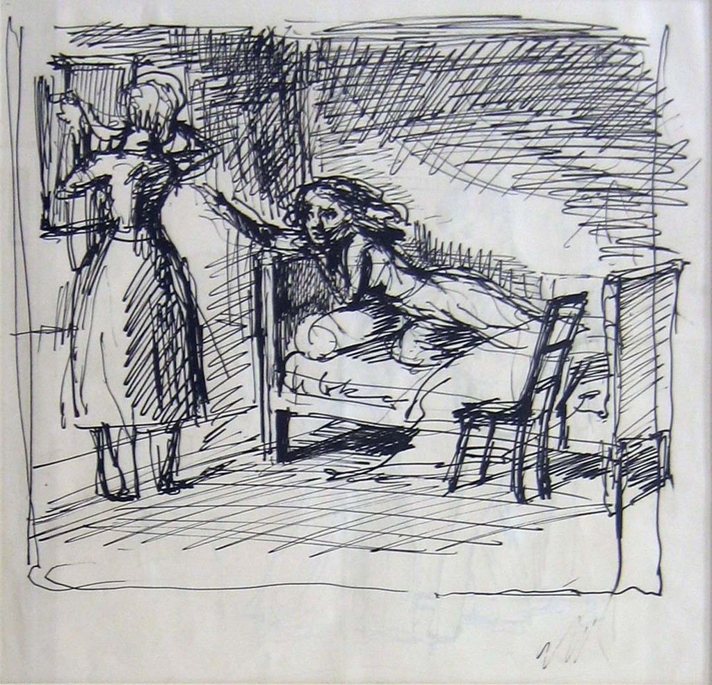 Illustrations for Bronte: Wuthering Heights. a) "...The Room is Haunted! I'm Afraid of Being Alone!". b) "Miss Cathy Seized Him Again"