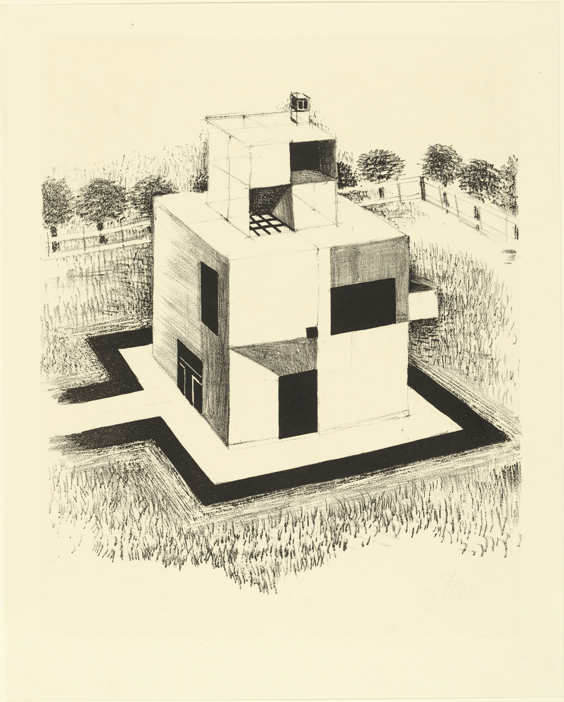 Johannes Itten. House of the White Man (Haus des weißen Mannes) from the portfolio New European Graphics, 1st Portfolio: Masters of the State Bauhaus, Weimar, 1921 (Neue europäische Graphik, 1. Mappe: Meister des Staatlichen Bauhauses in Weimar, 1921). (1920, published 1921)