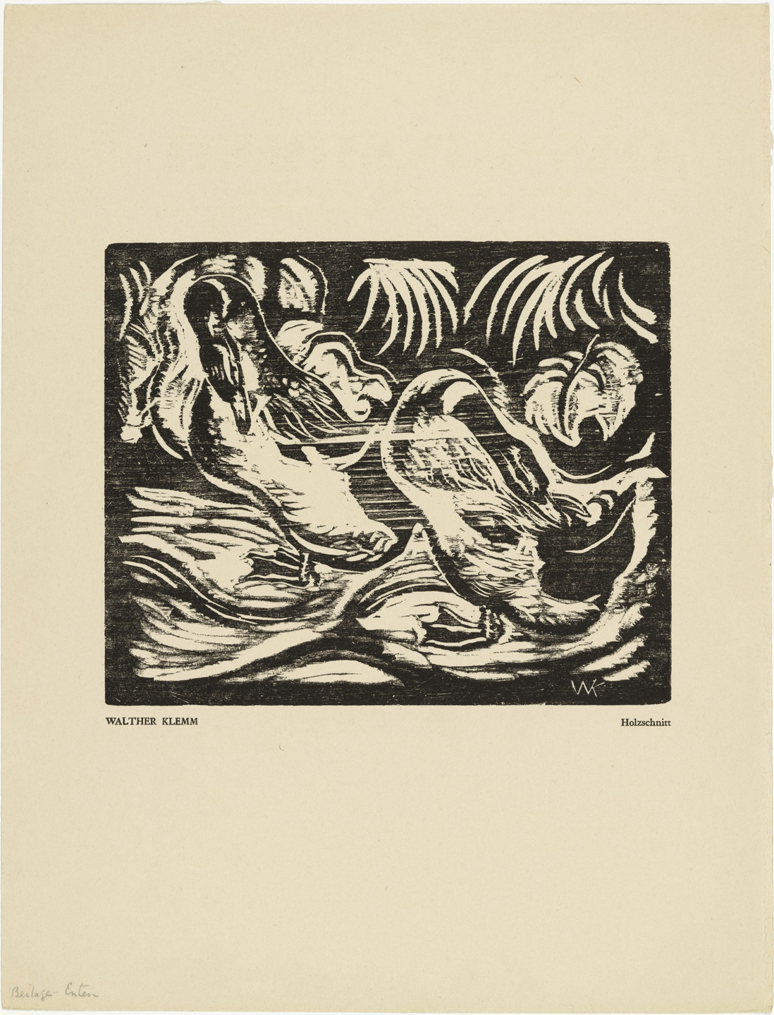 Walther Klemm. Ducks (Enten) (plate, preceding p. 129) from the periodical Das Kunstblatt, vol. 1, no. 5 (May 1917). 1917