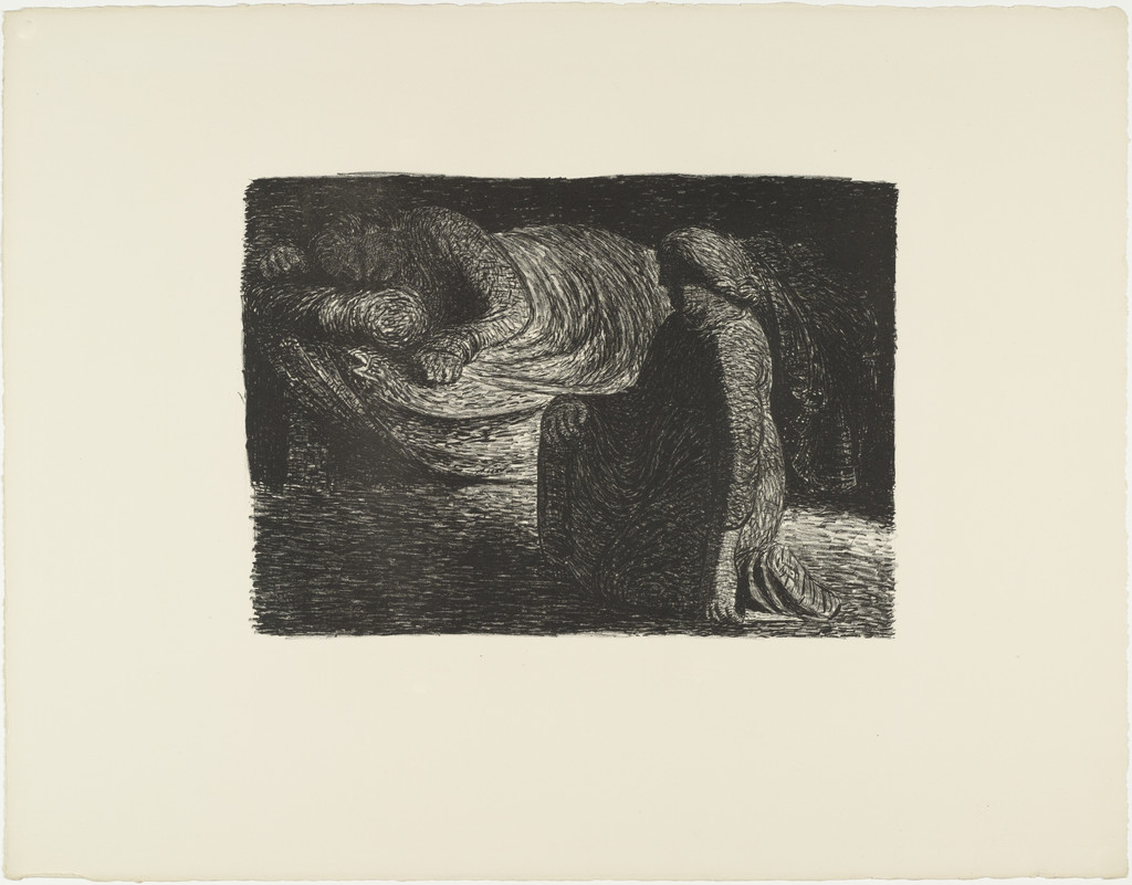 Mother Kneeling at Bedside of Sleeping Son (Kniende Mutter am Bett des schlafenden Sohnes) from The Dead Day (Der tote Tag)
