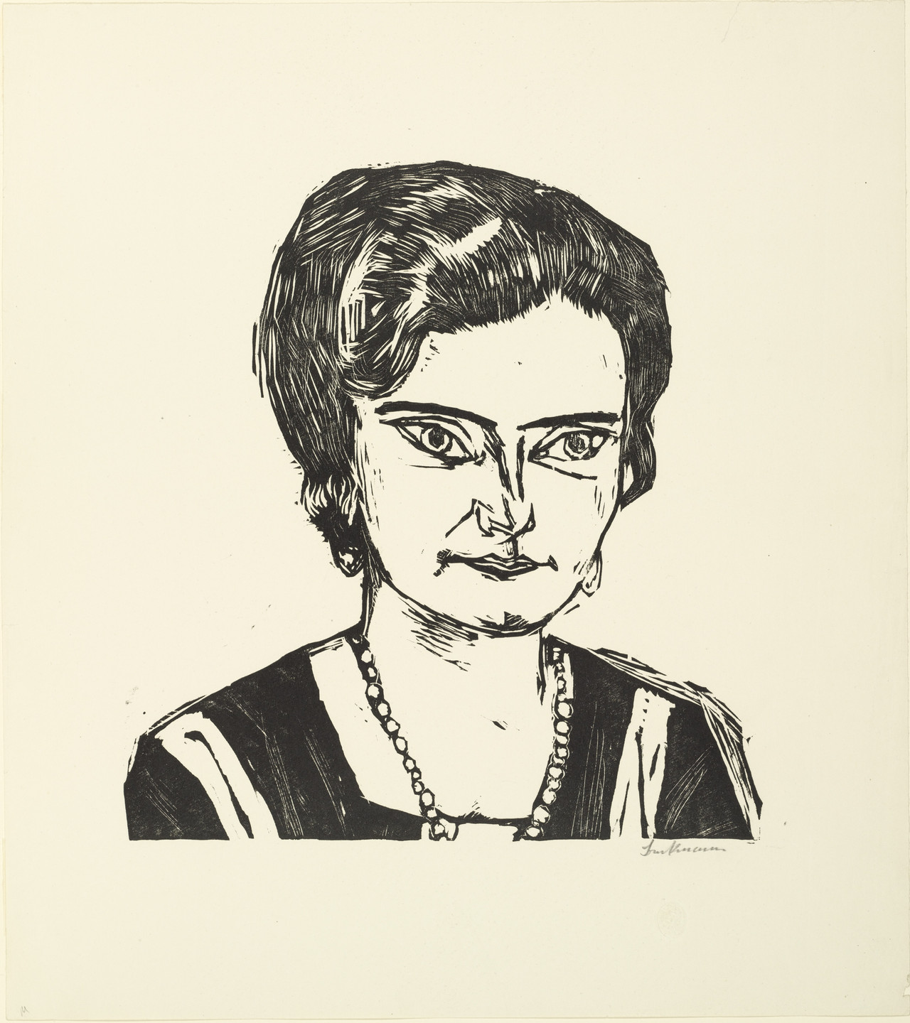 The image depicts a monochrome sketch of a person with short, wavy hair and prominent eyes wearing a beaded necklace and a dark garment with white accents. The background is plain and light-colored. This is an AI generated description. To give feedback, email ai@moma.org.