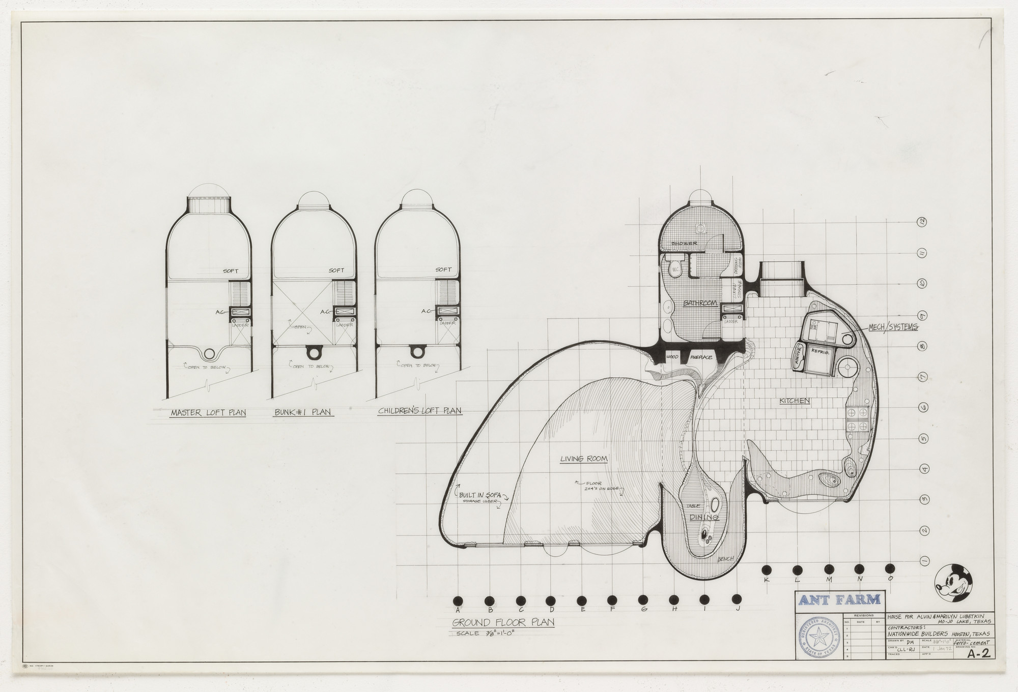 The image is a black-and-white architectural floor plan showing three loft plans on the left and a detailed ground floor plan on the right. The ground floor plan includes a living room, kitchen, bathroom, and mechanical systems area. This is an AI generated description. To give feedback, email ai@moma.org.