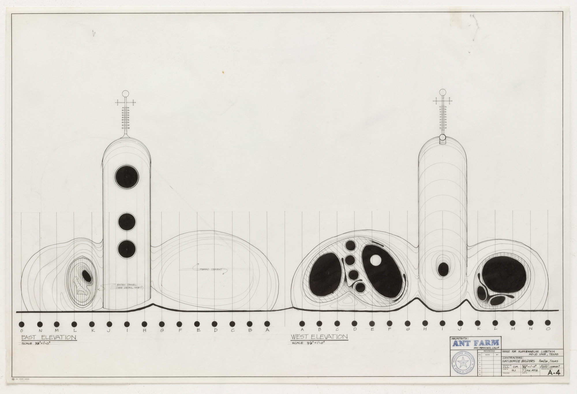 Architectural drawing with two vertical structures topped with antenna-like shapes, linked by curved forms. Predominant colors are black and white; various-sized black circles appear within the structures. This is an AI generated description. To give feedback, email ai@moma.org.
